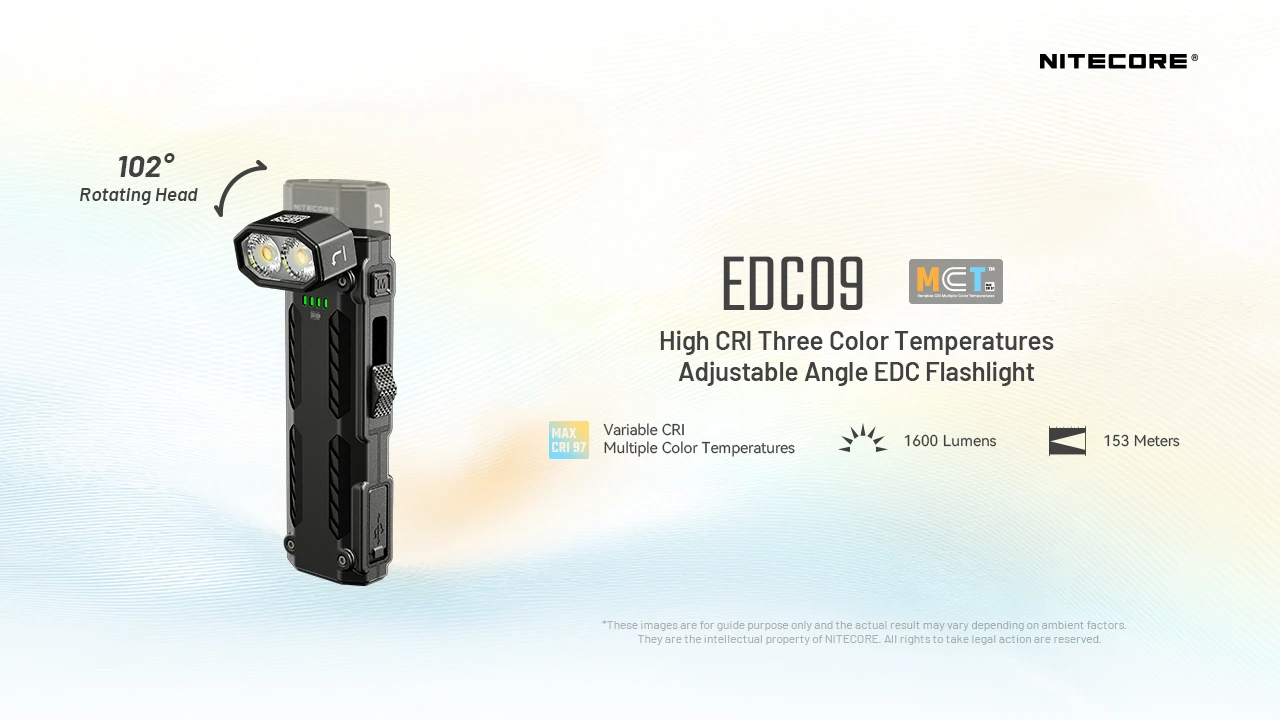 Nitecore EDC09 MCT UHE LED 1600L High CRI Three Color Temperatures Adjustable Angle EDC Flashlight