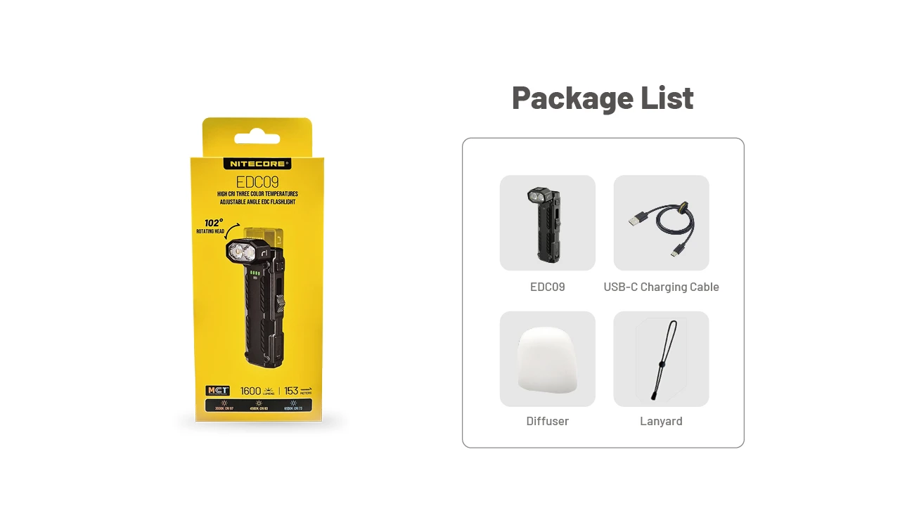 Nitecore EDC09 MCT UHE LED 1600L High CRI Three Color Temperatures Adjustable Angle EDC Flashlight