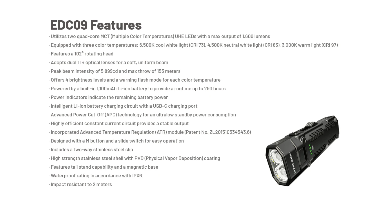Nitecore EDC09 MCT UHE LED 1600L High CRI Three Color Temperatures Adjustable Angle EDC Flashlight