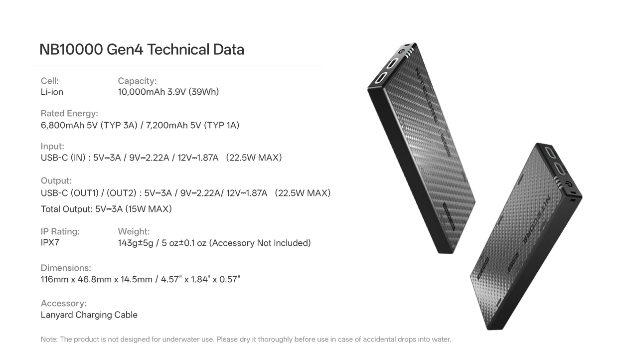 Nitecore NB10000 Gen4 Quick-Charge Dual USB-C Port 10000mAh Power Bank