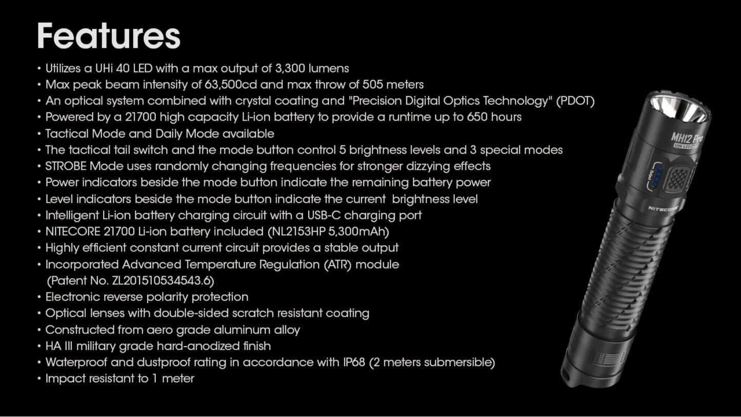 Nitecore MH12 Pro NiteLab UHi 40 LED 3300L Rechargeable Flashlight