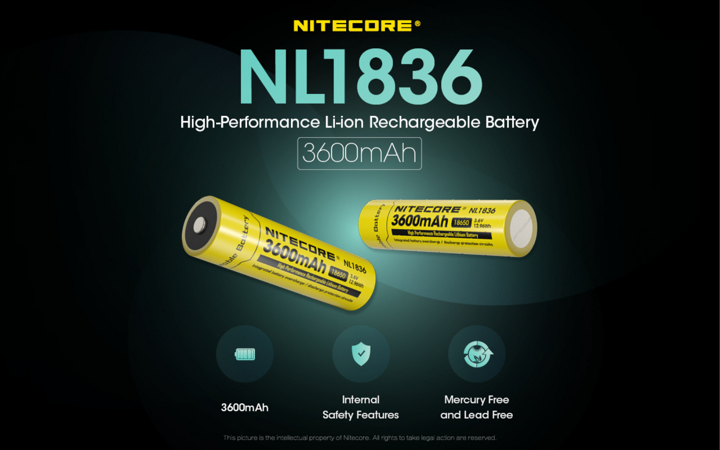 Nitecore 18650 3600mAh Rechargeable Li-ion Battery NL1836