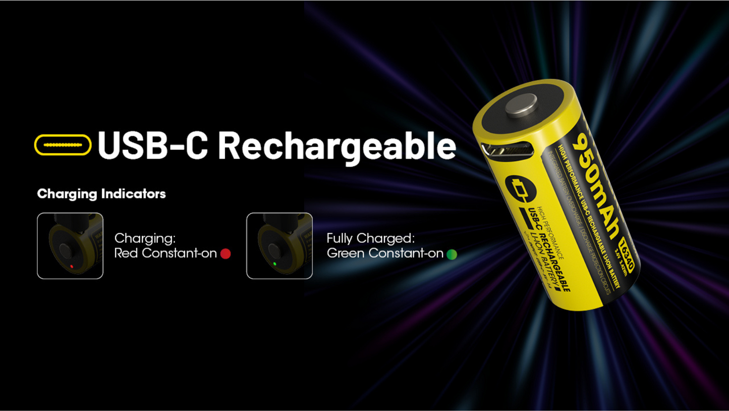 Nitecore RCR123 16340 950mAh 3.6V 2A USB-C High Performance Rechargeable Li-ion Battery NL169R