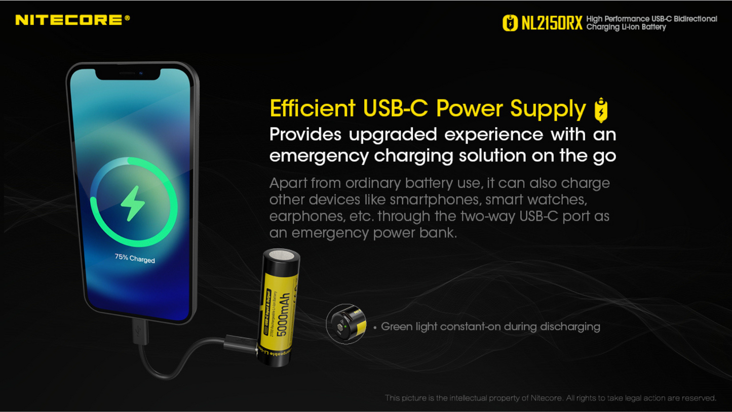 Nitecore 21700 5000mAh 8A 3.6V USB-C Input / Output Bidirectional Charging Rechargeable Li-ion Battery NL2150RX