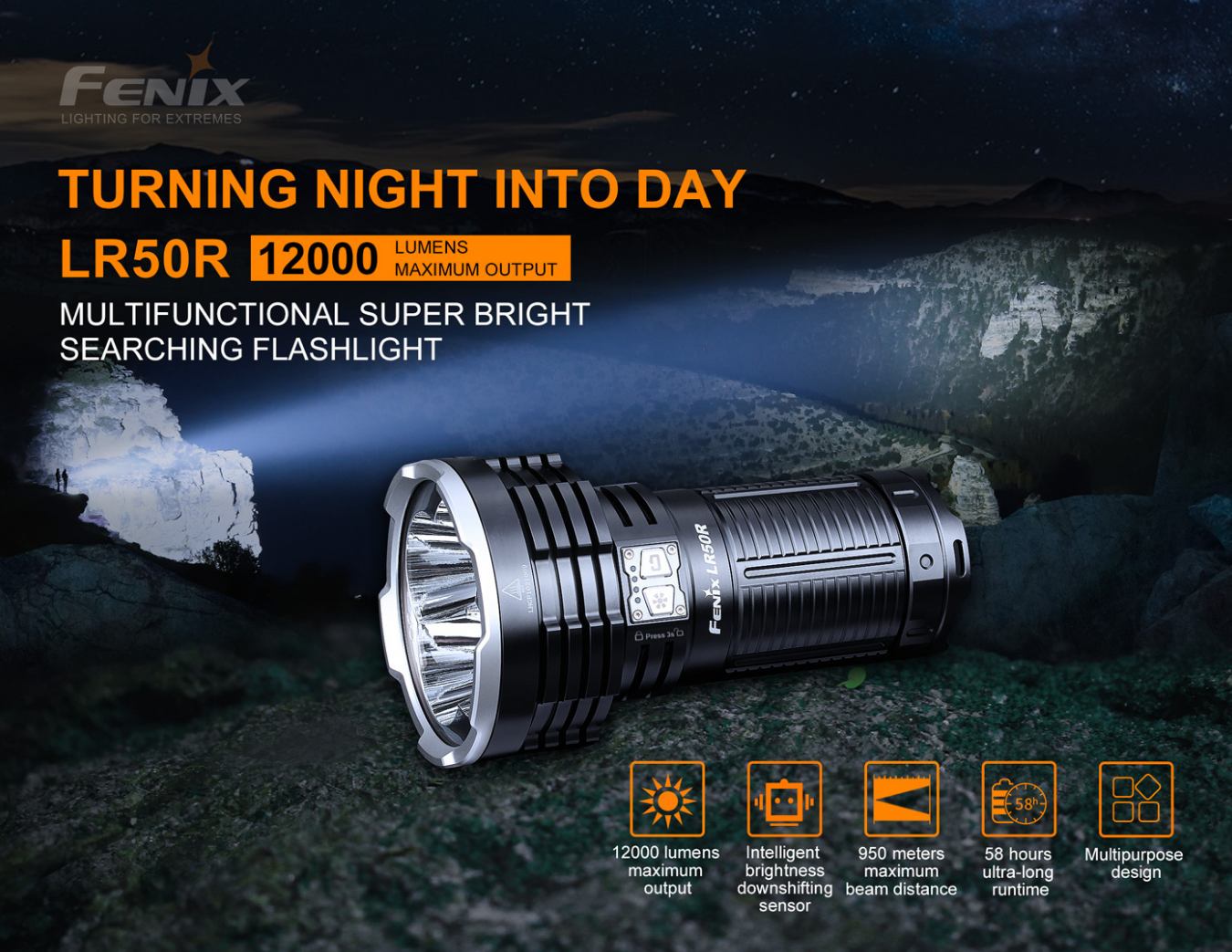 Fenix LR50R 4 x Luminus SST70 LED 12000L Rechargeable Flashlight