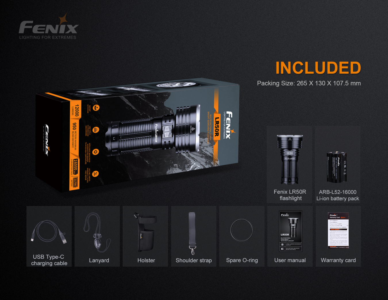 Fenix LR50R 4 x Luminus SST70 LED 12000L Rechargeable Flashlight