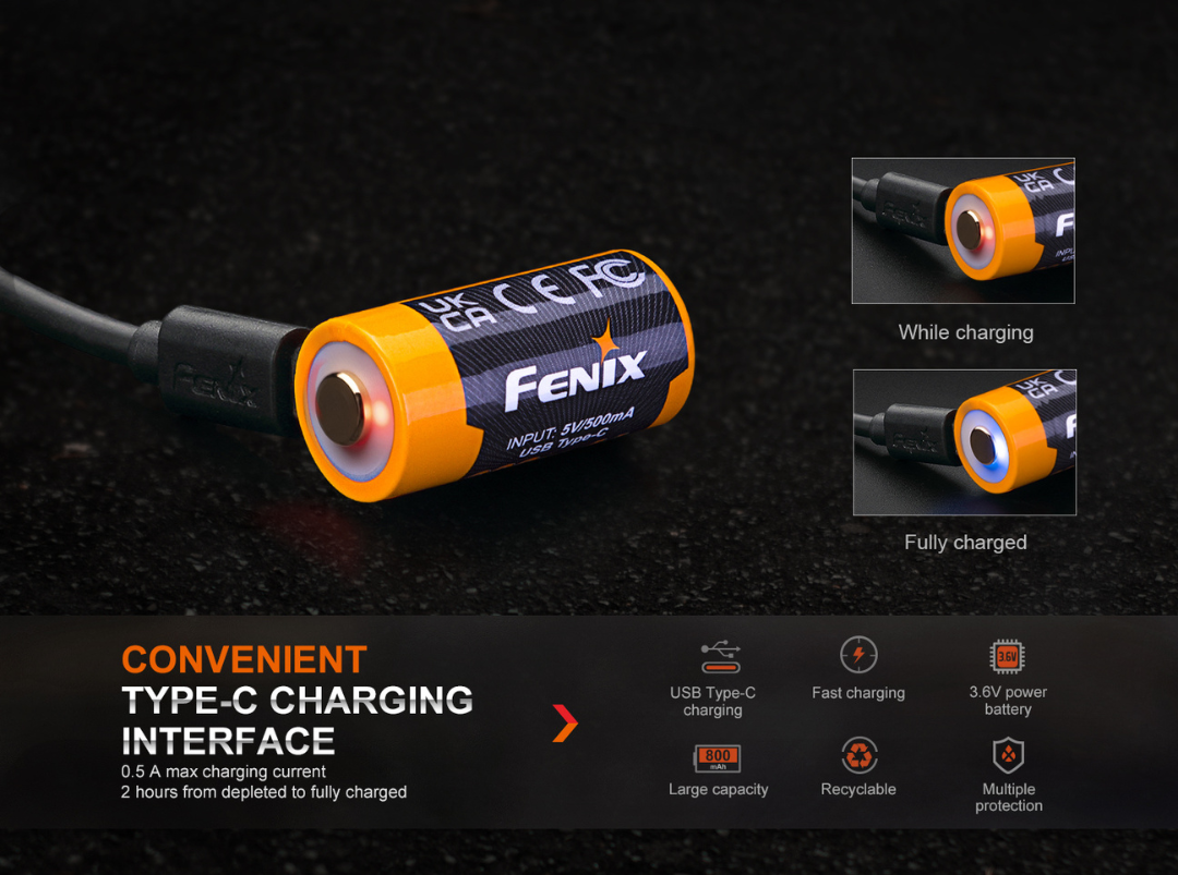 Fenix 16340 RCR123 3.6V 800mAh Li-ion USB Rechargeable Battery (ARB-L16-800UP)