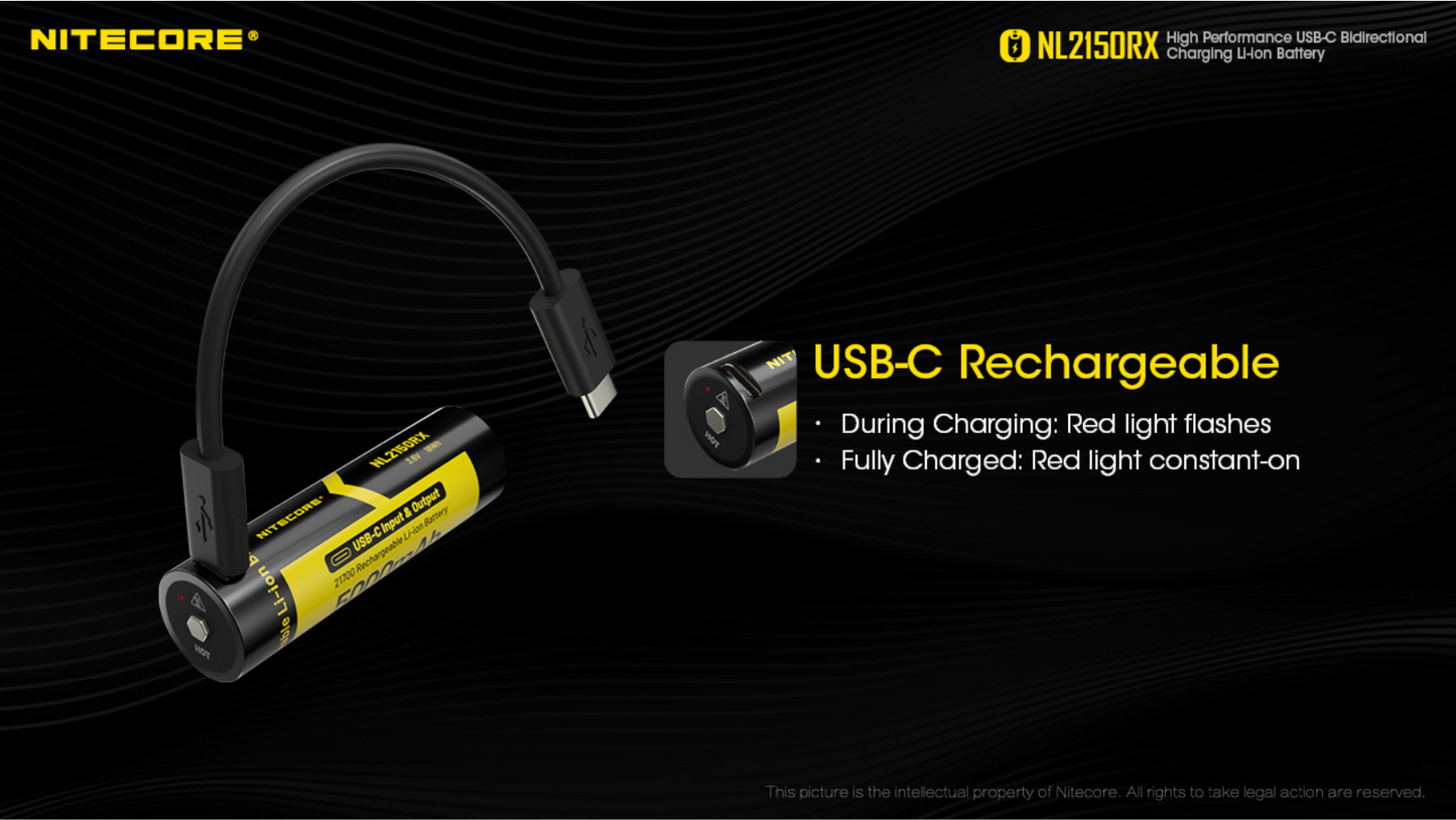 Nitecore 21700 5000mAh 8A 3.6V USB-C Input / Output Bidirectional Charging Rechargeable Li-ion Battery NL2150RX