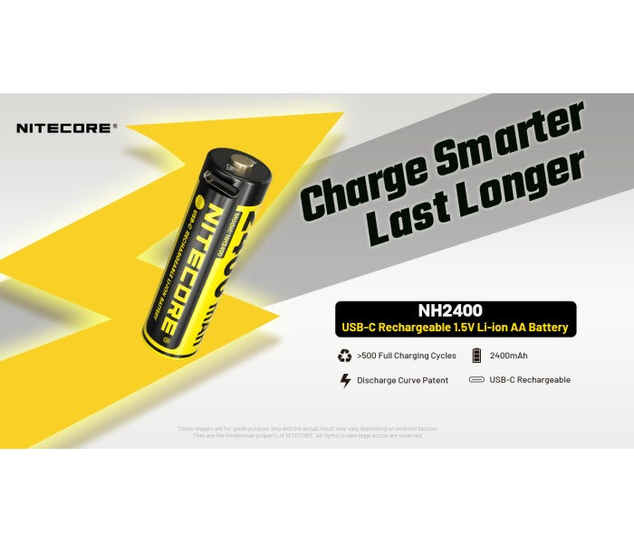 NITECORE NH2400 2400mAh USB-C Rechargeable 1.5V Li-ion AA Battery (4pc Pack) for AA-Powered Flashlights