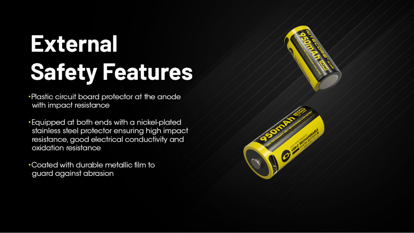 Nitecore RCR123 16340 950mAh 3.6V 2A USB-C High Performance Rechargeable Li-ion Battery NL169R