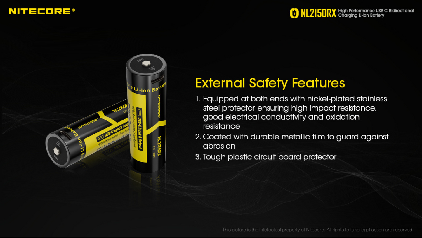 Nitecore 21700 5000mAh 8A 3.6V USB-C Input / Output Bidirectional Charging Rechargeable Li-ion Battery NL2150RX