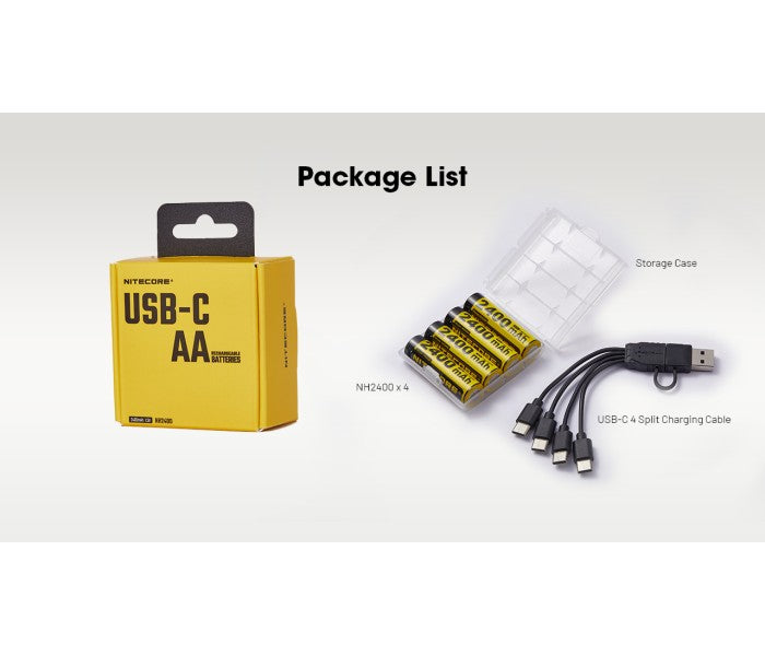 NITECORE NH2400 2400mAh USB-C Rechargeable 1.5V Li-ion AA Battery (4pc Pack) for AA-Powered Flashlights