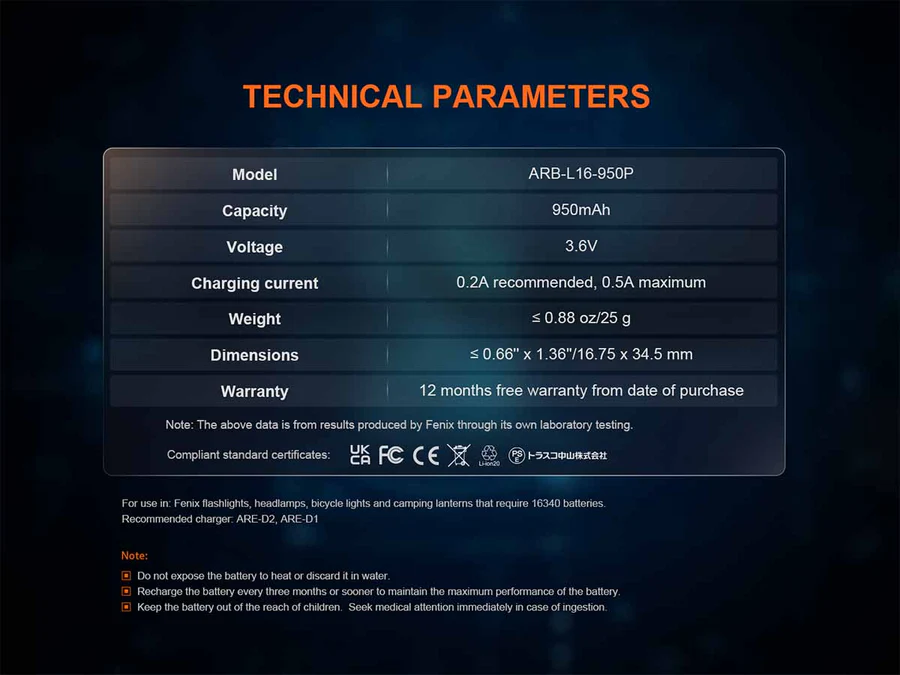 Fenix 16340 RCR123 3.6V 950mAh Li-ion Rechargeable Battery (ARB-L16-950P)
