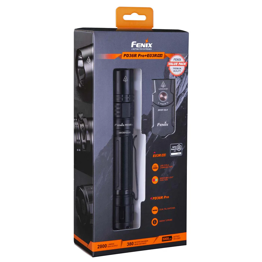 Fenix PD36R Pro 2800L Rechargeable Flashlight + Fenix E03R V2.0 Keychain Flashlight