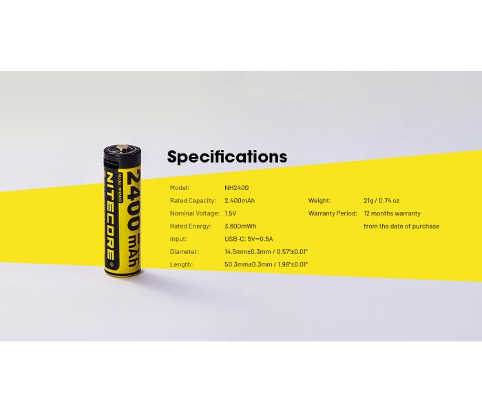 NITECORE NH2400 2400mAh USB-C Rechargeable 1.5V Li-ion AA Battery (4pc Pack) for AA-Powered Flashlights