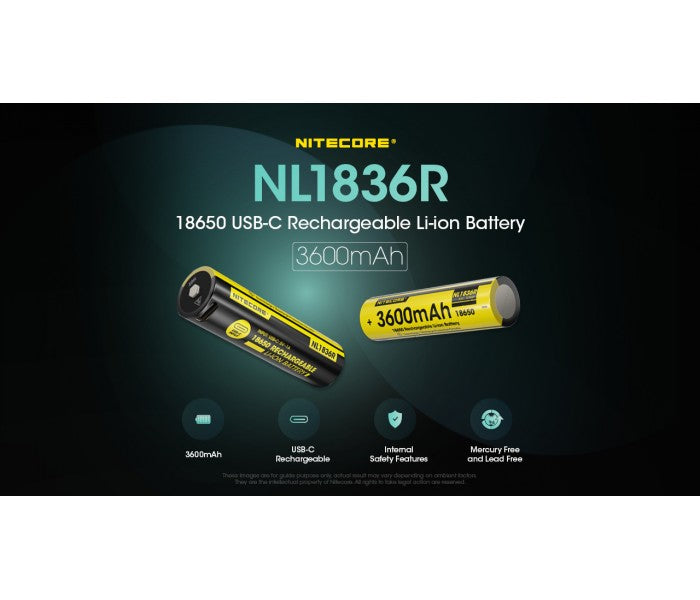 Nitecore 18650 3600mAh 3.6V USB-C Rechargeable Li-ion Battery NL1836R