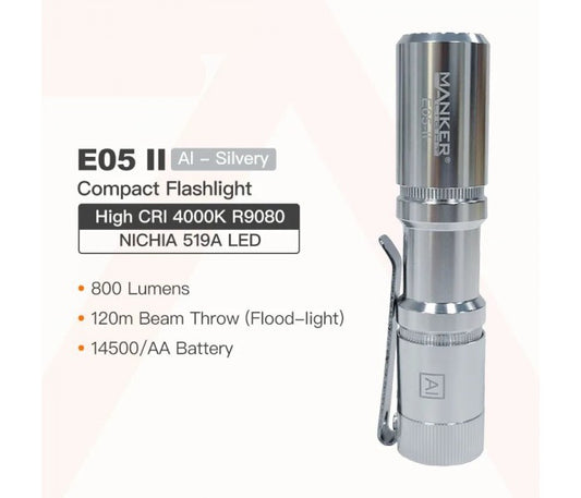 Manker E05 II NW SILVER Neutral White LED 800L Rechargeable EDC Flashlight