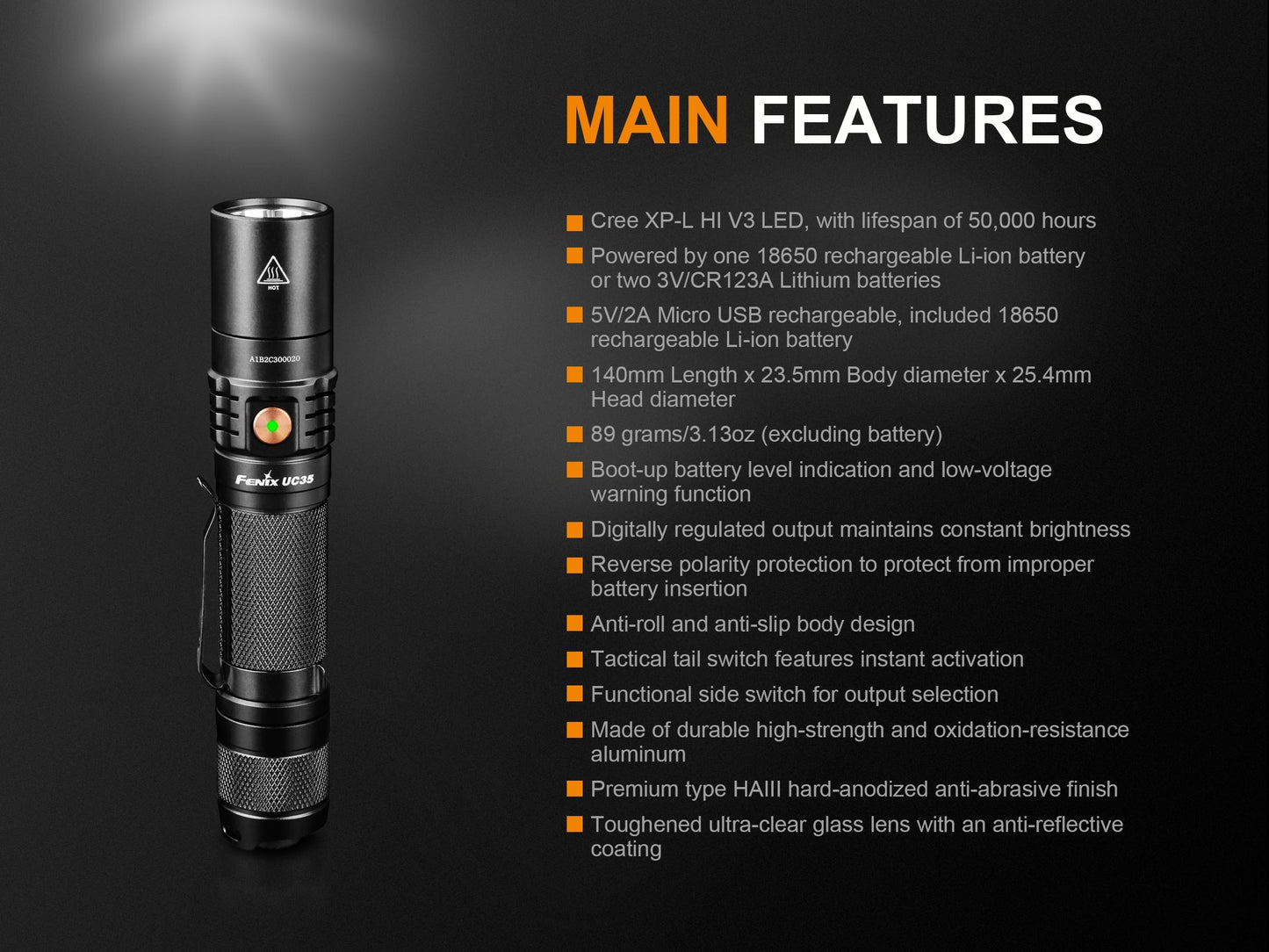 FENIX UC35 V2.0 Rechargeable Flashlight 1000 Lumens