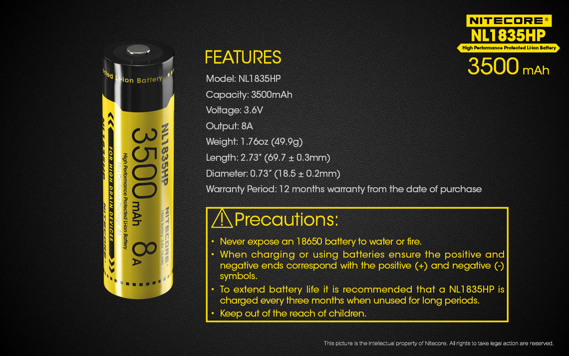 Nitecore 18650 3500MAH LI-ION Rechargeable Battery NL1835HP