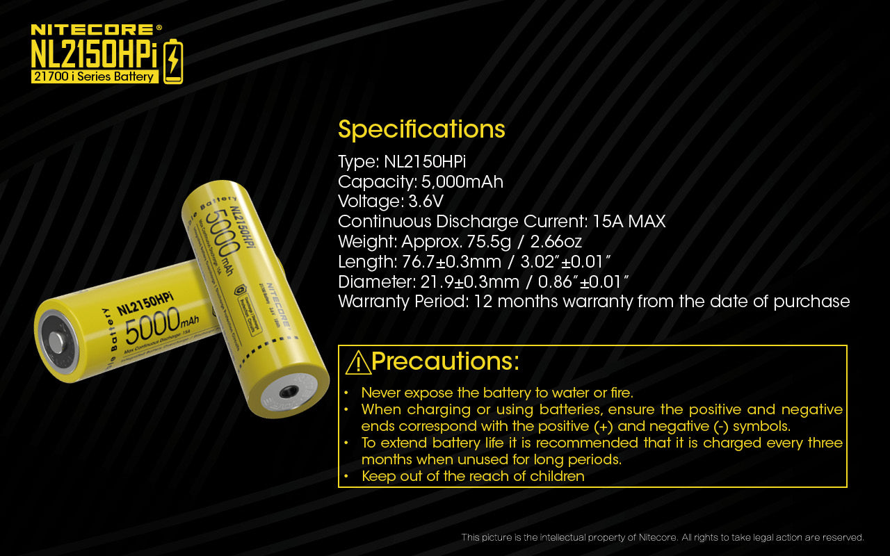 Nitecore 21700 5000MAH 15A 3.6V Rechargeable LI-ION Baterry NL2150HPI