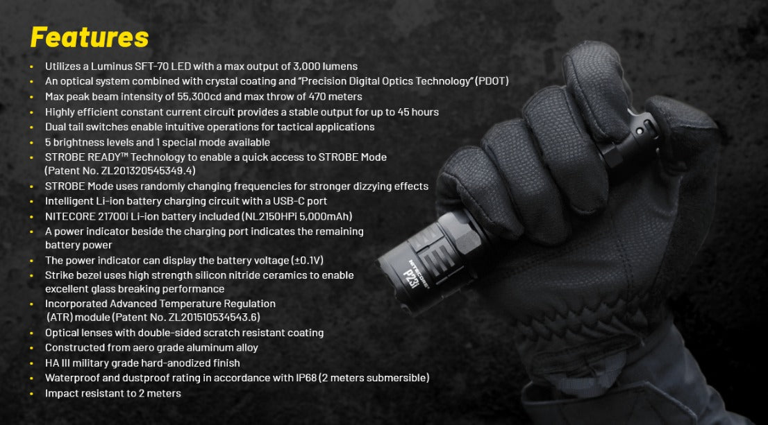 Nitecore P23i Luminus SST-40-W LED 3000L USB Rechargeable Flashlight