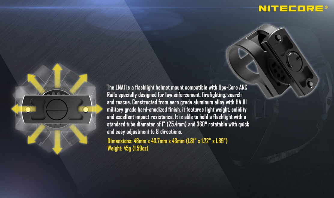 Nitecore LMA1 Ops-Core ARC Rail Rotary Helmet Mount for Flashlight