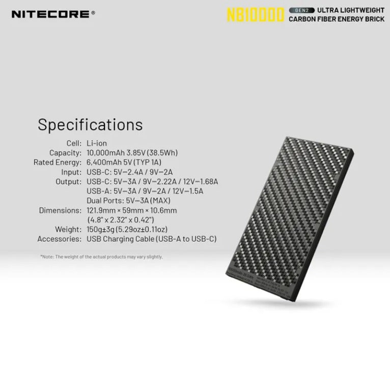 Nitecore NB10000 GEN 2 Quick-Charge USB/USB-C Dual Port 10000MAH Power Bank